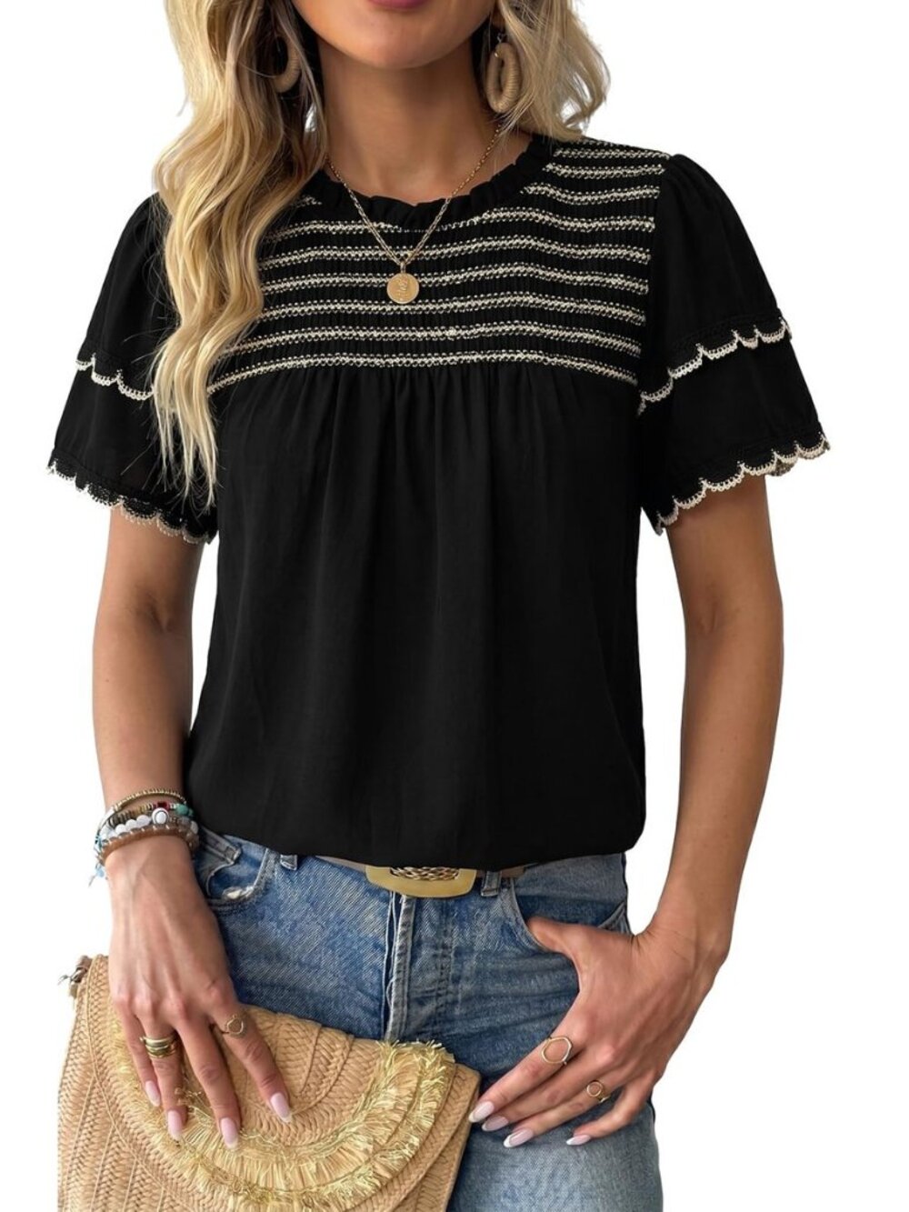 Womens Summer Smocked Tops Crewneck Short Ruffle Sleeve Blouses